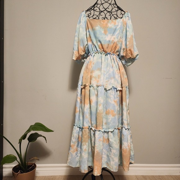 Dresses & Skirts - Tie Dye Tiered Maxi Dress Puff Sleeve Blue Orange Boho Size Medium